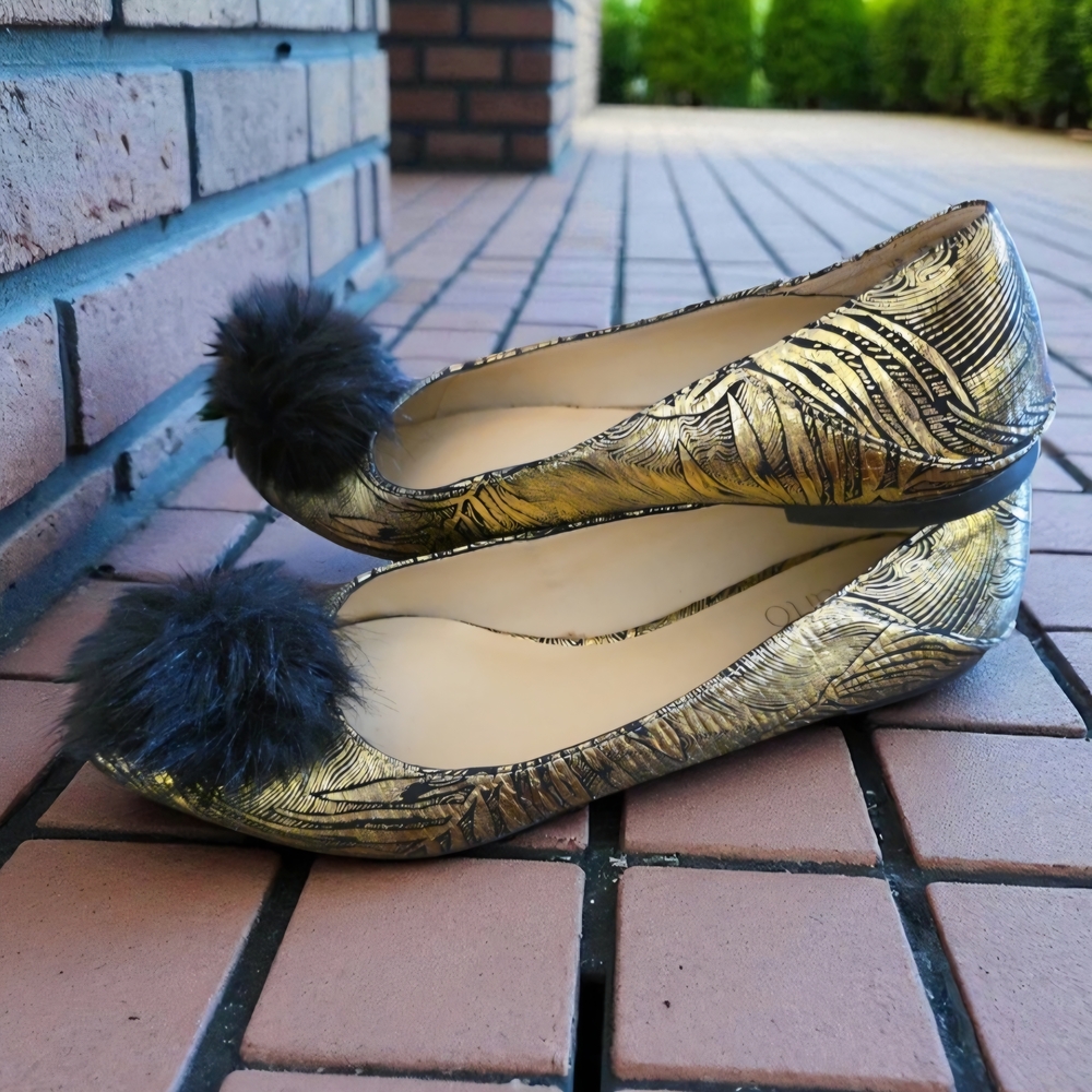Franco Sarto Gold and Black Feathered Flats - Picture 3 of 7